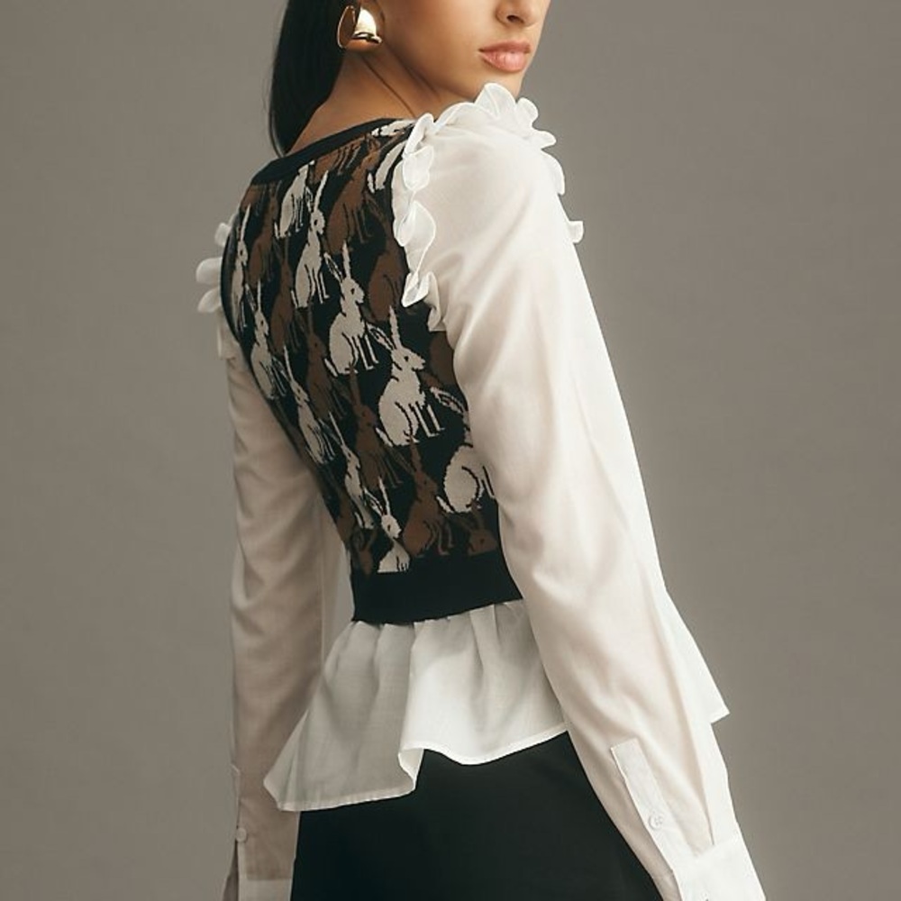 Maeve White and Black Ruffle Blouse